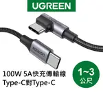 【綠聯】TYPE C TO TYPE C充電線｜1~3公尺｜金屬編織L型｜5A電流｜PD快充線｜電競