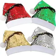 Whaline 4 Pack Christmas Hats 2 Designs Double Side Reversible Sequin Santa Hats 14.2 x 11 Inch Glittery Sparkle Flip Up Sequin Hats for Christmas Winter Holiday Party Accessories Supplies Kids Adults