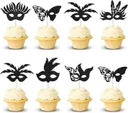Arthsdite 24Pcs Masquerade Masks Cupcake Toppers Bachelorette Party Mask Cupcake Food Fruit Picks Masquerade Mardi Gras Party Baby Shower Birthday Party Cake Decorations Supplies - Black Glitter