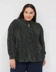 New Lane Bryant Blouse 26/28 Green Metallic Swing Lurex Plisse Top Pleated Disco