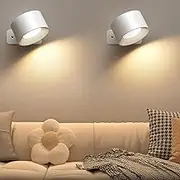 Mexllex Indoor Wall Light, Pack of 2, Wall Lamp with USB Charging, 3 Colours and 3 Brightness Levels, LED Wall Light, Indoor 360° Rotatable Touch Control Wall Lamps Wireless Wall Lights (White)