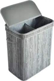 100L Bamboo Laundry Basket with 2 Sections, XXL Tall Large Foldable Storage Hamp