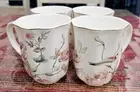 Set of 4 Grace Teaware Fine Porcelain Mugs BIRDS FLORAL Pastel Gold Rim 12 oz
