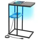 LED C Shaped End Table with Charging Station, Small Side Greige With LEDs
