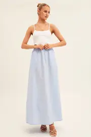 Blue Maxi Skirt Linen Blend Side Split - Size L, Women's Maxi Skirt