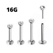 PAIR 16G 2mm 3mm CLEAR CZ THREADLESS PUSH IN STEEL LABRET EAR TRAGUS RINGS STUDS