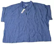 CHICO'S LINEN Women 4 (US 20) Blue Popover Stripe Woven Pattern Top NEW MSRP$109