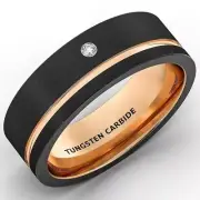 8mm Black Brushed Tungsten Ring Rose Gold Groove Cubic Zircon Flat Edge