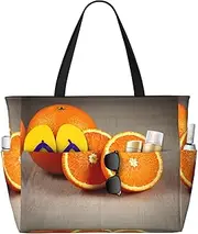[Ghjkfbf] Orange Fruit Print Large Capacity Beach Travel Bag For Family, Beach Tote Bag For Women With Zipper Pockets, Black, One Size