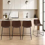 Oikiture Bar Stools 64cm Seat Height Metal Leather Backrest Bar Stools Set of 4 Counter Kitchen Chairs Dining Chair, Brown