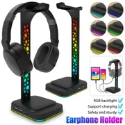 Headphone Stand RGB Gaming Headset Stand with 3.5mm AUX & 2 USB Charging Ports Earphones Holder with 10 Light Modes Headset Holder for Gamers PC