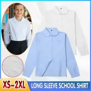 Girl Long Sleeve School Shirt Peter Pan Collar Adjustable Cuff Cotton Blouse Top