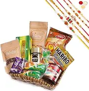 Jaiccha Ghasitaram Rakhi Gifts for Brothers - Brown Cane Like Basket Hamper of 20 Goodies with 5 Rakhis