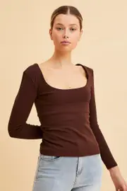Brown Cotton Top Long Sleeve Scoop Neck - Size L, Women's Long Sleeve