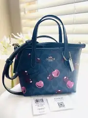COACH City MINI Tote Bag In Signature Canvas & Leather Cherry Print Denim -NWT