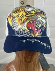 Ed Hardy Tiger Image White/Navy Blue Bill Adjustable Trucker Hat - OSFM - NWT