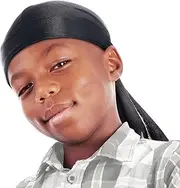 [Red by Kiss] Kids Sating Durags Powerwave Kids Durags Long Tail and Wide Strap Headwraps Beanies Black