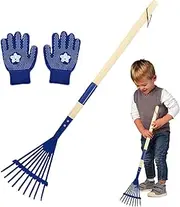Small Garden Rake with Detachable Wooden Handle & Gloves,Lightweight Leaf Rake for Gardening, Small Lawn Tool for Outdoor Camping, Backyard Sand Play (Blue)
