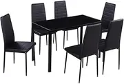 7-Piece Dining Table Set for 6 People, Tempered Glass Kitchen Table Set with 6 Artificial Leather Chairs, Dining Room Table Set for Kitchen, Black