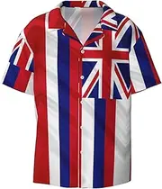 [VPPUR] Flag of Hawaii American Print Fashion Short Sleeve Button Down Cuban Collar Shirt Left Chest Convenient Pocket
