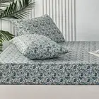 King Single bed fitted sheet and pillowcase set Blue color Botanical design