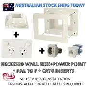 Recessed Power Point Wall Box For TV AV with Double GPO, CAT6 & PAL to F Inserts