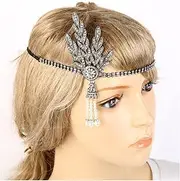 Feather Headband Style Great Gatsby Headband Hat Hair Cap Silver Ivory Daisy Vintage Flapper Accessories White Feather Headband (Size : Black)