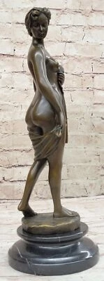 Signed Original Fresh out of Shower Bronze Sculpture Statue Marble Nude Figurine