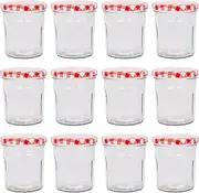 Argon Tableware Glass Jam Jars with Airtight Red Gingham Lids - 250ml - Pack of 12 - Empty Screw Top Kitchen Storage Jar for Food, Honey, Spice, Pickling, Preserving, Candle Making
