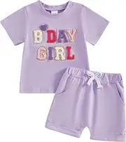 [Kayotuas] Toddler Baby Girl Birthday Outfit Birthday Girl Shirt and Elastic Shorts Set Cute Summer Clothes Smash Cake Outfits