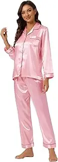 [Allegra K] Women's Satin Night Suits Sleepwear Button Down Pjs with Pants Silky Lounge Pajama Set