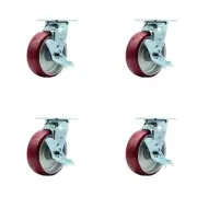 6 Inch Poly on Aluminum Caster Set with Ball Bearings 4 Brake 2 Swivel Lock SCC