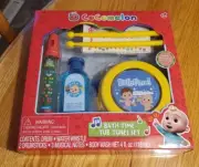 Musical Cocomelon Bath Tub Tunes Set Drum,Water Whistle, 2 Drumsticks, Body Wash