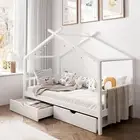 Oikiture Bed Frame Wooden Single Size Timber House Frame Storage Drawers White