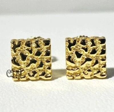 Solid Metal Men's Square Nugget Screw Back Charm Stud Earring Gold Plated Silver