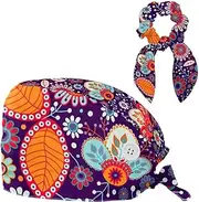 [FVQL] Scrub Caps Women, 1PCS Nurse Cap with Hair Scrunchy, Floral Flower Pattern