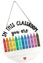 Leefasy 5 Pieces Welcome Signs Teacher Gift Wooden Plaque Bulletin Board Door Hanger