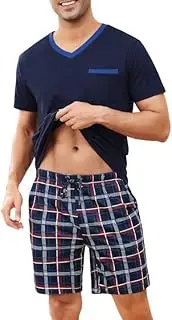 [Litherday] Men's Pyjamas Set Men Short Pyjamas Summer Short Sleeve V-Neck & Plaid Shorts Pants with Pockets Nightwear Loungewear Sleepwear Pyjamas Sets S-XXL