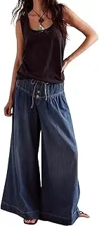 [loveimgs] Women Y2k Pleated Baggy Jeans Elastic Waist Wide Leg Denim Pants Palazzo Cargo Barrel Jeans Drawstring