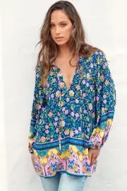 JAASE - Kellie Top: Oversized Style with Mandarin Collar Top Posy Print
