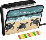 Quteprint 13 Pockets Expanding File Folder with Zipper Closure, Wooden Sea Turtles Accordion File Folder with Sticky Labels, Letter Size A4 Papers Expandable File Document Organizer
