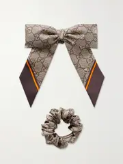 [Gucci] Gucci - Gg Printed Silk Hair Tie And Scrunchie Set - Brown - One size One size Brown