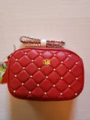 Badgley Mischka Red Diamond Quilted Accessories Crossbody Handbag W/ Pearls