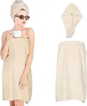 Women Microfiber Bath Wrap Towel and Hair Drying Towel - Adjustable Soft Body Wraps Dress with Hair Towel, Super Absorbent to Quick Drying Hair and Body (Khaki)