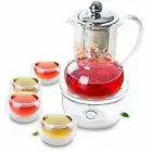6in1 Tea Set- Glass Teapot w/ Stainless Steel Filter+4x Cups+ Round Warmer