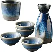 6 Pieces Ceramic Japanese Sake Set, 1 Serving Carafe and 4 Cups - Blue