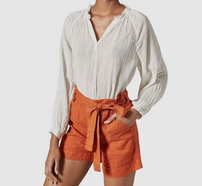 $200 Joie Women Ivory Elza Textured Metallic Stripe Peasant Ruffled-Neck Top XS