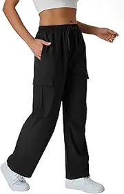[keriffe] Women's Cargo Pants Quick Dry Lightweight Water-Resistant Hiking Pants Elastic High Waisted Drawstring 4 Pockets