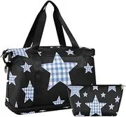 [Amooorous] Cartoon Black Checkered Plaid Stars Travel Hand Bag Travel Overnight Carry on Bag with Adjustable Strap for Hiking Large Capacity, Cartoon black Checkered plaid stars, 1 size