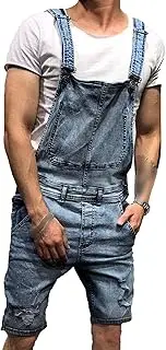 [Maiyifu-GJ] Men's Ripped Bib Overalls Denim Shorts Retro Washed Dungaree Rompers Loose Fit Adjustable Strap Jumpersuit